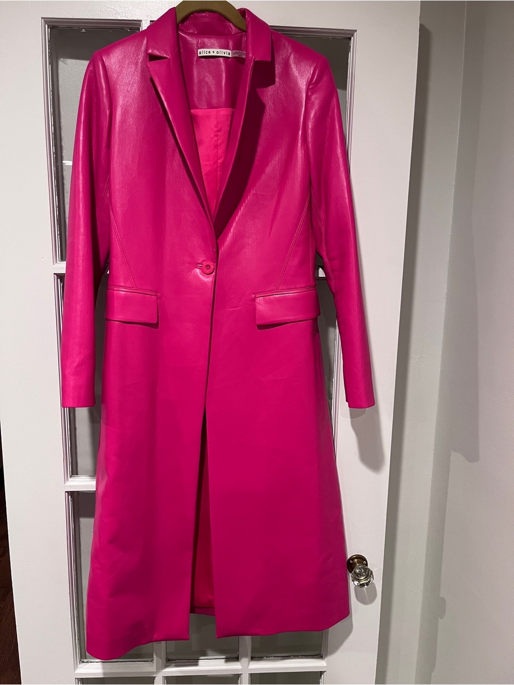 Alice + Olivia Faux Leather Jacket Hot Pink Barbie One Button Trench Coat *FLAW*
